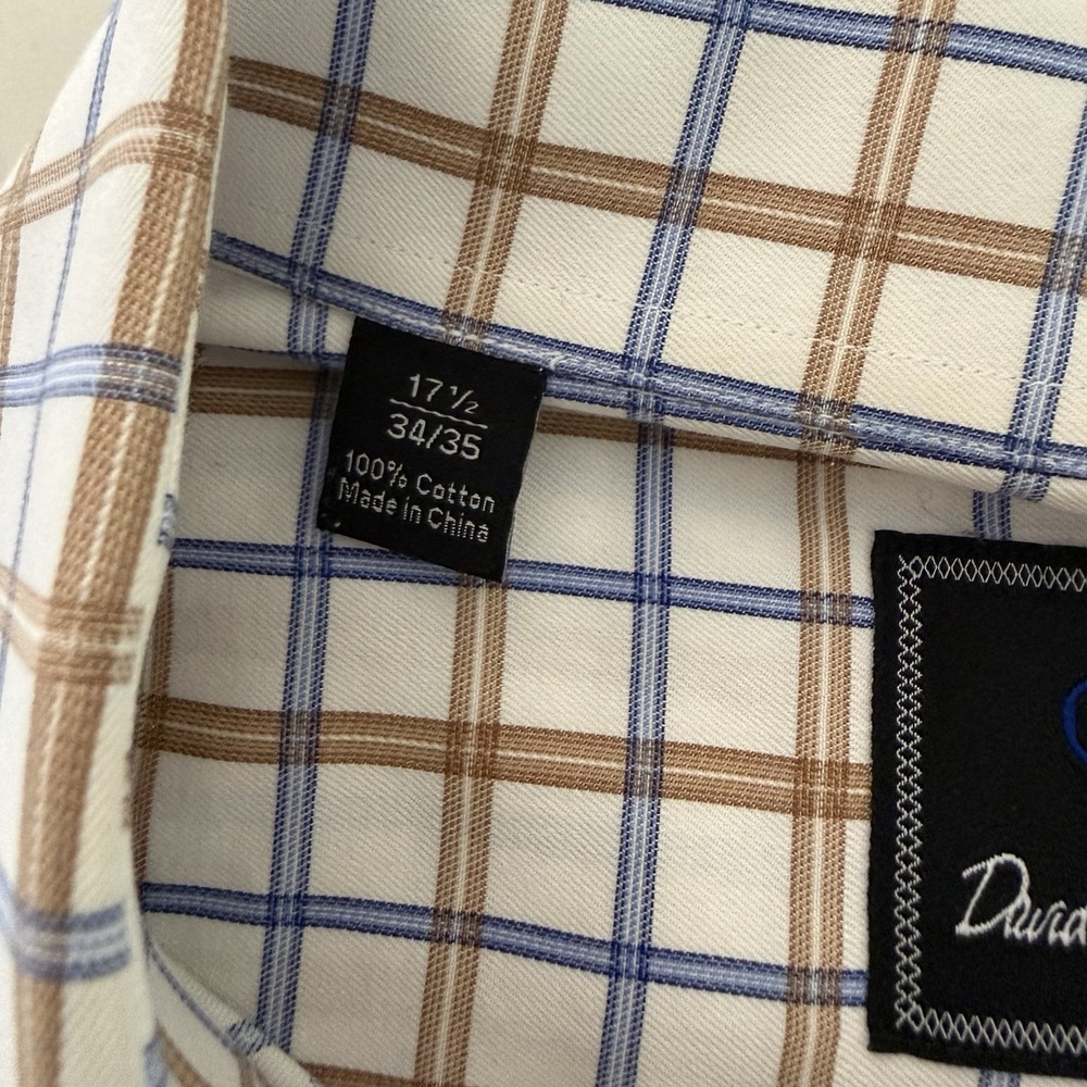 David Donahue Shirt Mens 17.5 34/35 Cotton Plaid Button Up Long Slv Brown Blue - Picture 5 of 13